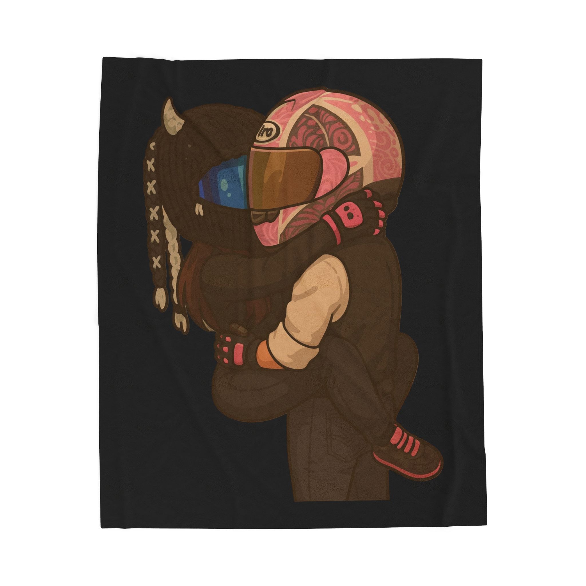 Biker Couple Embrace Velveteen Plush Blanket — Romantic Motorcycle Hug Throw
